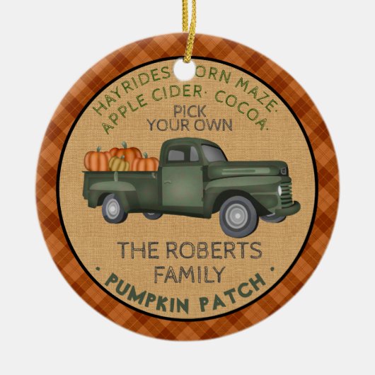 パンプキンパッチファーム素朴秋プレイドヴィンテージトラック セラミックオーナメント (正面)