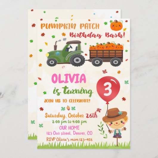 パンプキンパッチ誕生日の招待秋誕生日 招待状 (正面/裏面)