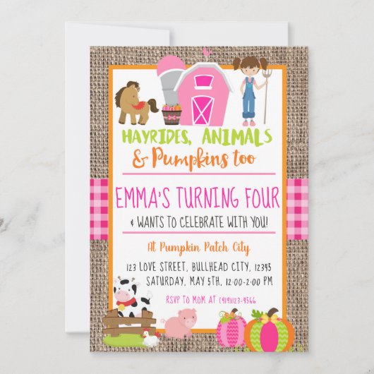 パンプキンパッチ農家ガールズピンクジンガム誕生日 招待状 (正面)