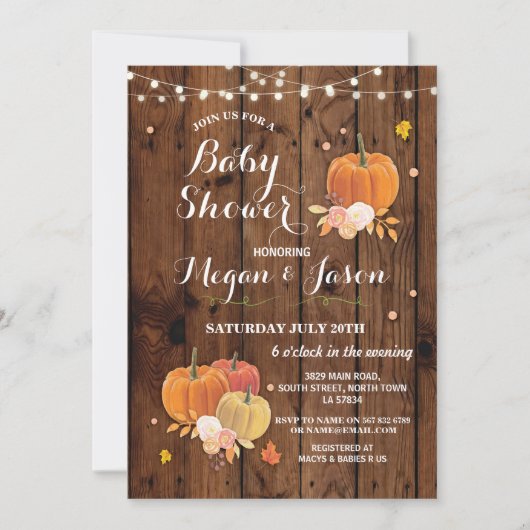 パンプキンパーティーベビーシャワー秋ウッ素朴ド招待状 招待状 (正面)