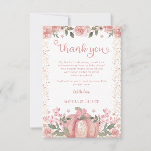 パンプキンピンクのフローラ女の子の赤ちゃんシャワーのように甘い サンキューカード (正面)