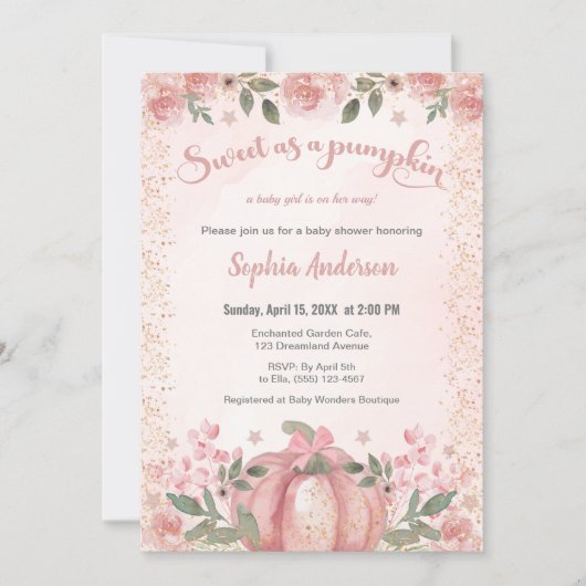 パンプキンピンクのフローラ女の子の赤ちゃんシャワーのように甘い 招待状 (正面)