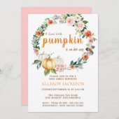 パンプキンピンクの女の子ベビーシャワーフローラ水色 招待状 (正面/裏面)