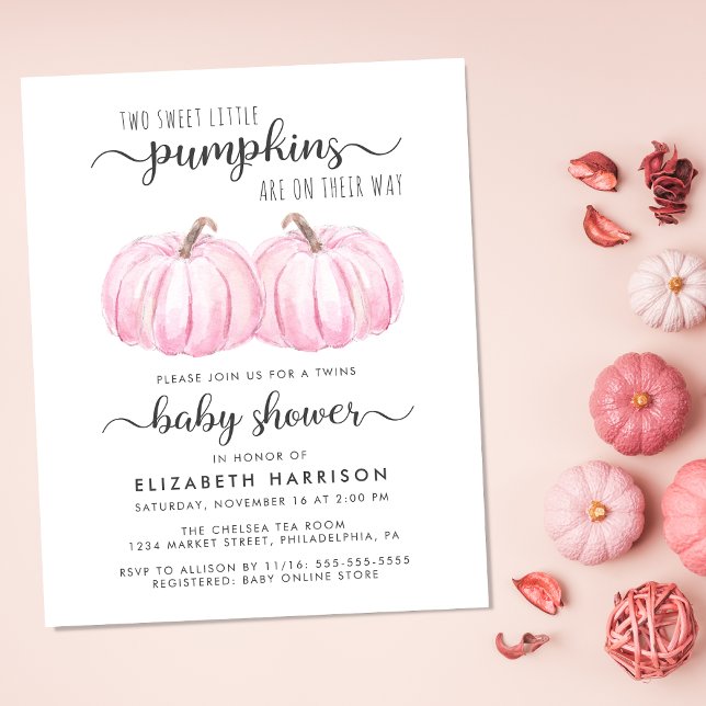 パンプキンピンクツインベビーガールズシャワー招待状 (Celebrate the upcoming arrival of your autumn twin baby girls with a pumpkin-themed baby shower)