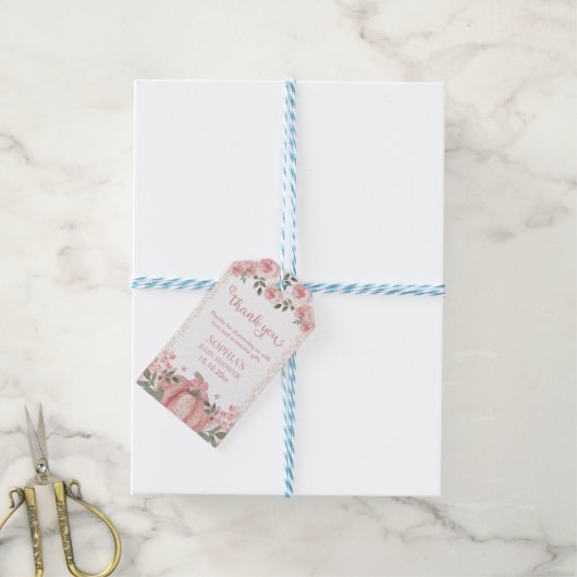 パンプキンピンクフローラガールベビーシャワーありがとう ギフトタグ (より糸付き)