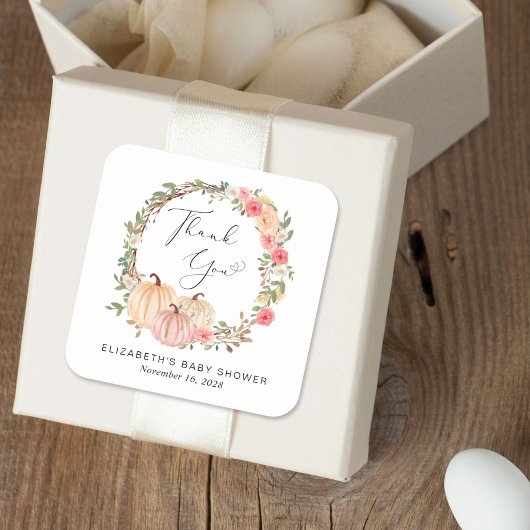 パンプキンピンクフローラガールベビーシャワーありがとう スクエアシール