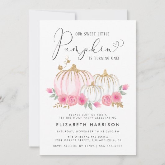 パンプキンピンクフローラ水彩1st誕生日パーティー 招待状 (正面)