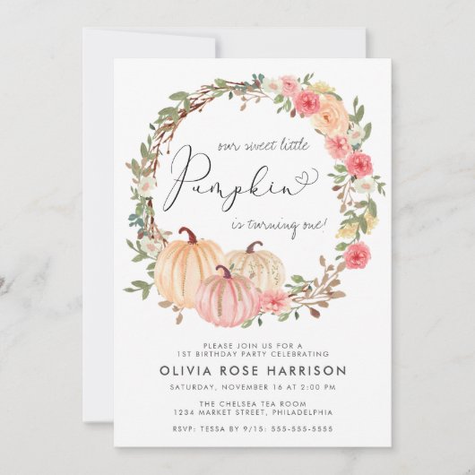 パンプキンピンクフローラ水彩1st誕生日パーティー 招待状 (正面)