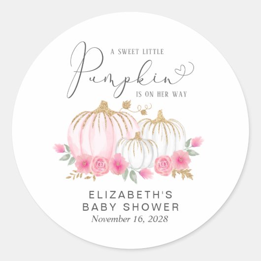 パンプキンピンクフローラ水色ベビーガールシャワー ラウンドシール (正面)