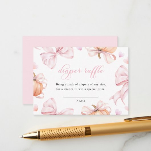 パンプキンピンクボウ赤ちゃんシャワーおむつラッフル エンクロージャーカード (正面/裏面インサイチュ)