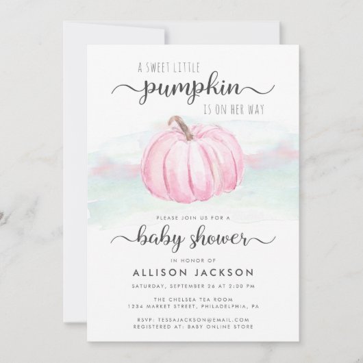 パンプキンピンクミントウォーター色ベビーガールシャワー 招待状 (正面)