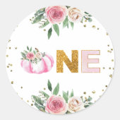 パンプキンピンク金ゴールドフローラ秋ガールファースト誕生日 ラウンドシール (正面)