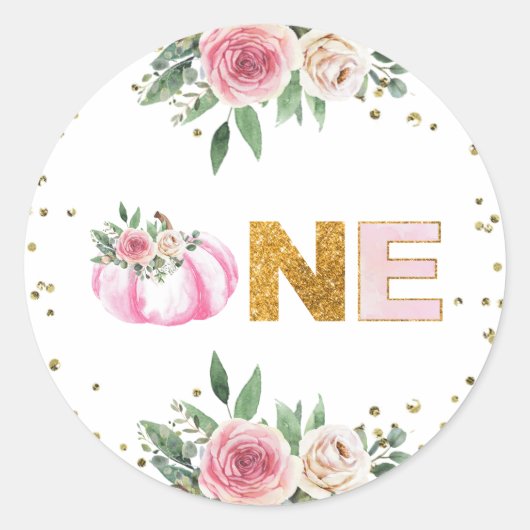 パンプキンピンク金ゴールドフローラ秋ガールファースト誕生日 ラウンドシール (正面)