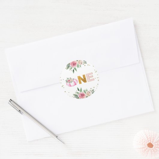 パンプキンピンク金ゴールドフローラ秋ガールファースト誕生日 ラウンドシール (封筒)