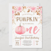 パンプキンピンク&金ゴールドガールフローラ秋1st誕生日 招待状 (正面)