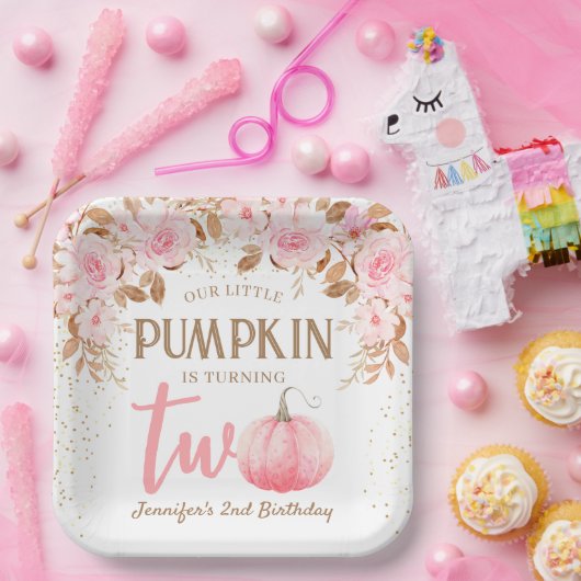 パンプキンピンク&金ゴールドガールフローラ秋2nd誕生日 ペーパープレート (パーティー)
