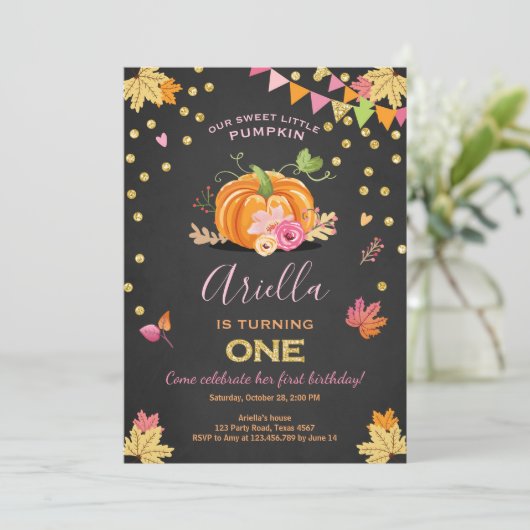 パンプキンファーストバースデーインビテーションオータム秋ピンク 招待状 (スタンド正面)