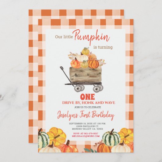 パンプキンファースト誕生日ドライブバイ誕生日 招待状 (正面/裏面)