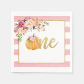 パンプキンファースト誕生日ナプキン – フローラピンクストライプ スタンダードカクテルナプキン (正面)