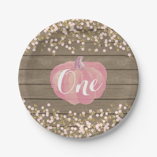 パンプキンファースト誕生日ピンクと金ゴールド紙プレート ペーパープレート (正面)