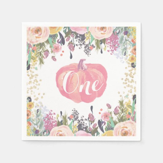 パンプキンファースト誕生日フローラ金ゴールドグリッター スタンダードカクテルナプキン (正面)