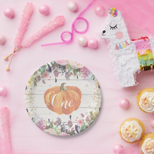 パンプキンファースト誕生日フローラ金ゴールド紙プレート ペーパープレート (パーティー)