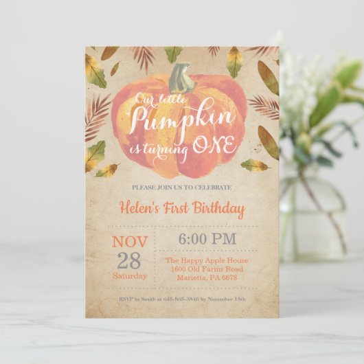 パンプキンファースト誕生日招待状オレンジ 招待状 (スタンド正面)
