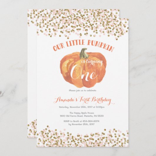 パンプキンファースト誕生日招待状ピンクと金ゴールド 招待状 (正面/裏面)