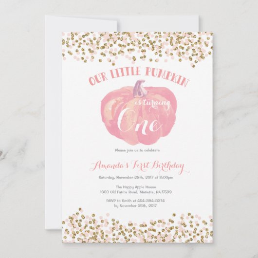 パンプキンファースト誕生日招待状ピンクと金ゴールド 招待状 (正面)