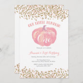 パンプキンファースト誕生日招待状ピンクと金ゴールド 招待状 (正面/裏面)
