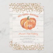 パンプキンファースト誕生日招待状ピンクと金ゴールド 招待状 (正面/裏面)