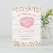 パンプキンファースト誕生日招待状ピンクと金ゴールド 招待状 (スタンド正面)