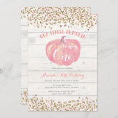 パンプキンファースト誕生日招待状ピンクと金ゴールド 招待状 (正面/裏面)