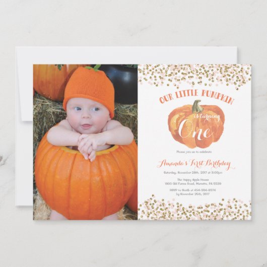 パンプキンファースト誕生日招待状ピンクアンド金ゴールド 招待状 (正面)