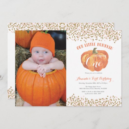 パンプキンファースト誕生日招待状ピンクアンド金ゴールド 招待状 (正面/裏面)