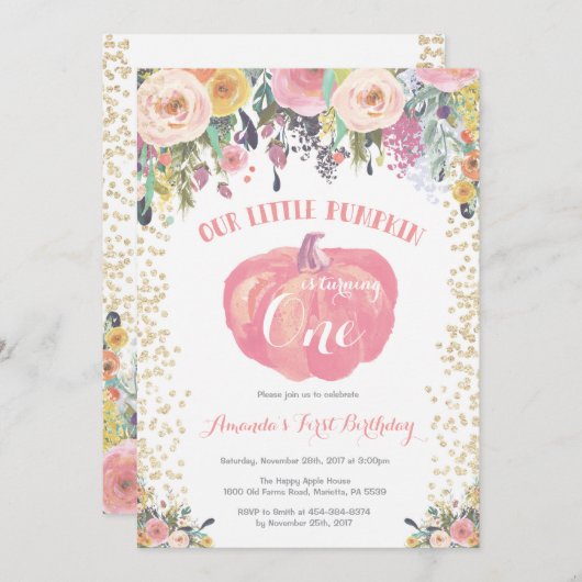 パンプキンファースト誕生日招待状フローラ金ゴールド 招待状 (正面/裏面)