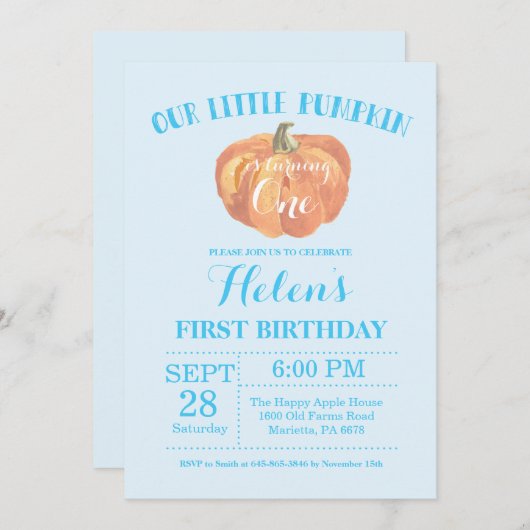 パンプキンファースト誕生日招待状ブルー 招待状 (正面/裏面)