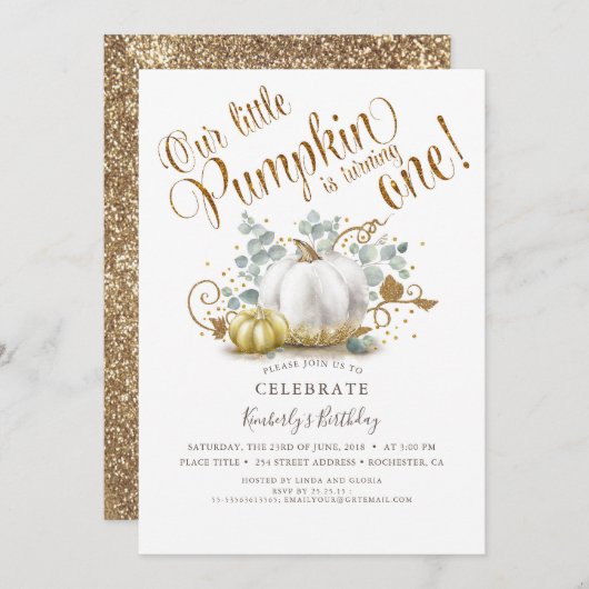 パンプキンファースト誕生日招待状秋秋金ゴールド 招待状 (正面/裏面)
