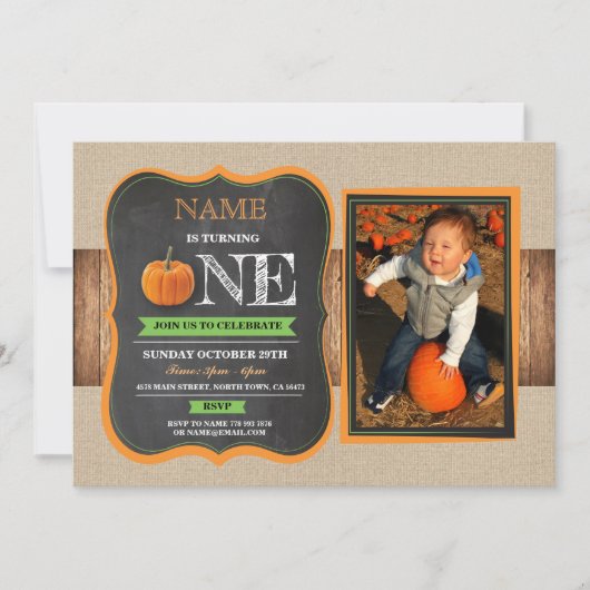 パンプキンファースト誕生日招待状第1パーティーフォトワン 招待状 (正面)