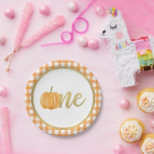 パンプキンファースト誕生日紙プレート – オレンジプレイド ペーパープレート (パーティー)