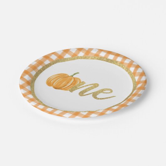 パンプキンファースト誕生日紙プレート – オレンジプレイド ペーパープレート (アングル)