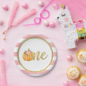 パンプキンファースト誕生日紙プレート – ピンクストライプ色 ペーパープレート (パーティー)