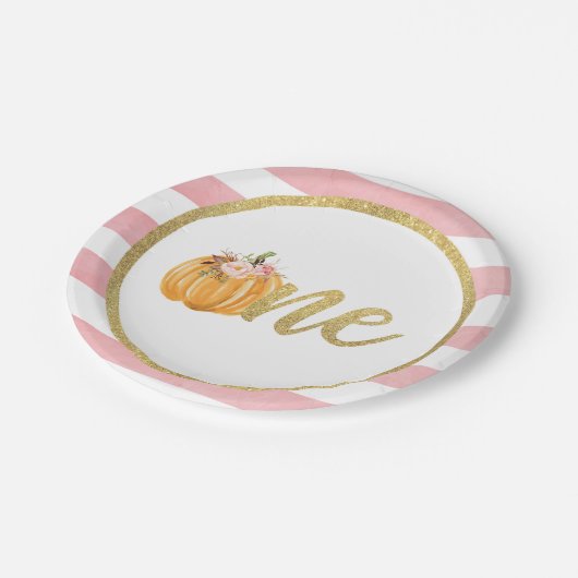 パンプキンファースト誕生日紙プレート – ピンクストライプ色 ペーパープレート (アングル)