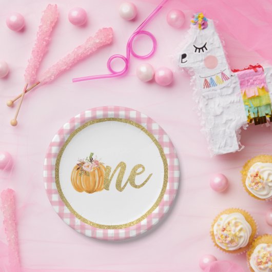 パンプキンファースト誕生日紙プレート – ピンクプレイド ペーパープレート (パーティー)