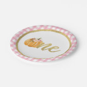 パンプキンファースト誕生日紙プレート – ピンクプレイド ペーパープレート (アングル)