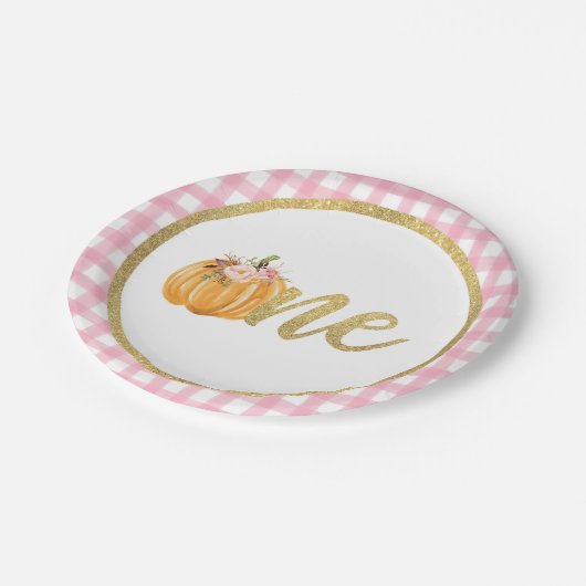 パンプキンファースト誕生日紙プレート – ピンクプレイド ペーパープレート (アングル)