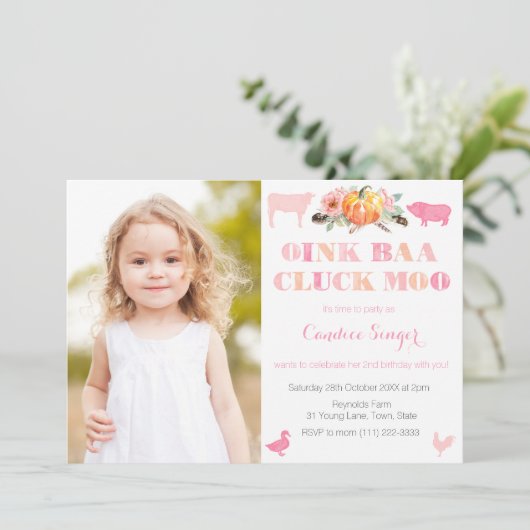 パンプキンファームまたはペット動物園の女の子の誕生日パーティー 招待状 (スタンド正面)