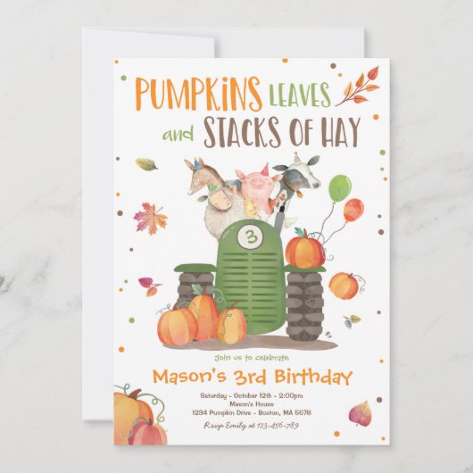 パンプキンファームパーティーパンプキントラクターバースデーパーティー 招待状 (正面)