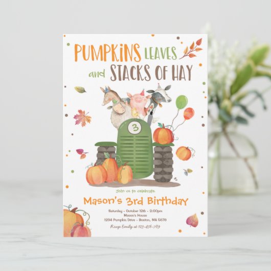 パンプキンファームパーティーパンプキントラクターバースデーパーティー 招待状 (スタンド正面)