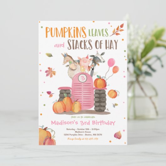 パンプキンファームパーティーピンクトラクター誕生パーティー 招待状 (スタンド正面)